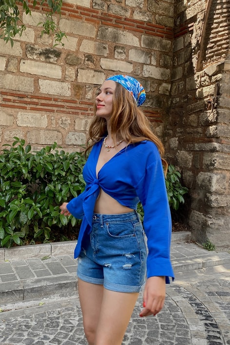 Bağlamalı Keten Bluz Saks Mavisi