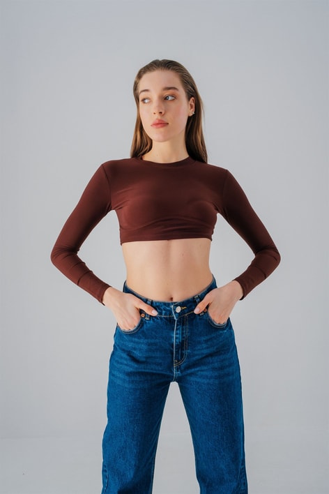 Baret Detay Crop Bluz Kahverengi