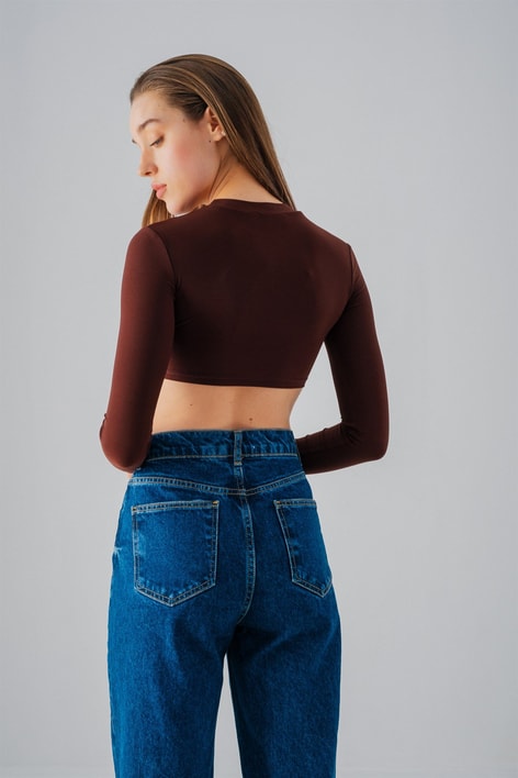 Baret Detay Crop Bluz Kahverengi