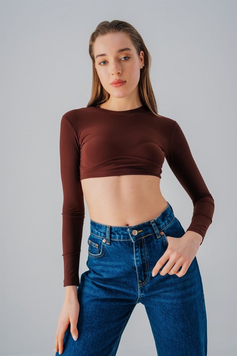 Baret Detay Crop Bluz Kahverengi