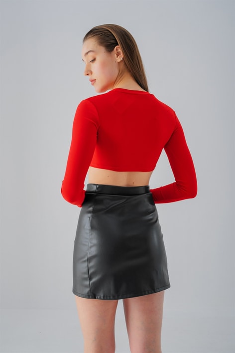 Baret Detay Crop Bluz Kırmızı