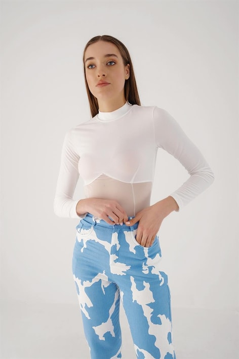 Baret Detay Transparan Bluz Beyaz