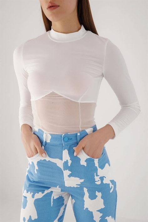 Baret Detay Transparan Bluz Beyaz