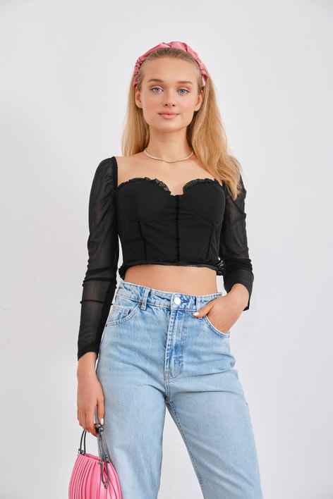 Baret Detay Tül Barbie Bluz Siyah