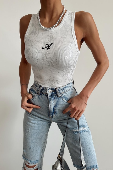 Basic Varaklı Crop Beyaz