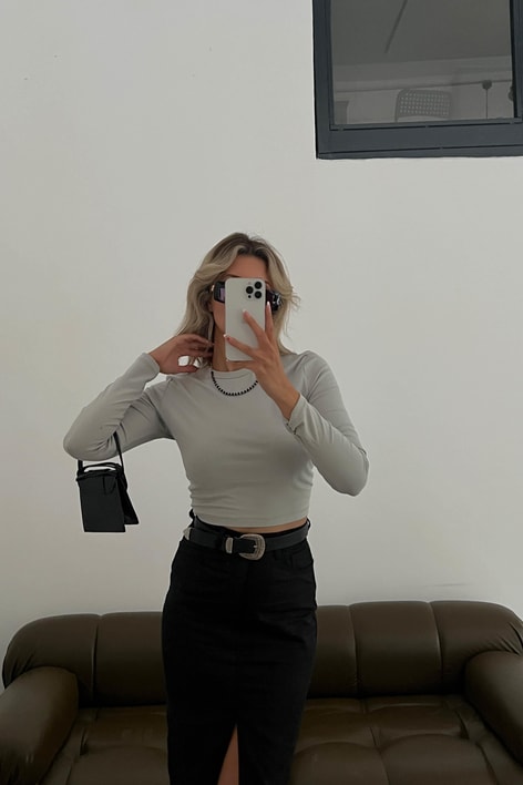 Bisiklet Yaka Basic Bluz Gri