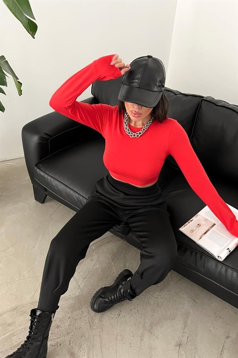 Bisiklet Yaka Basic Crop Bluz Kırmızı
