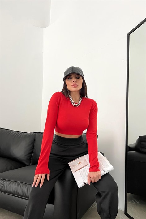 Bisiklet Yaka Basic Crop Bluz Kırmızı