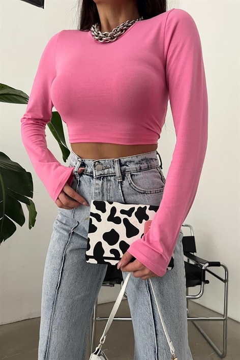 Bisiklet Yaka Basic Crop Bluz Pembe