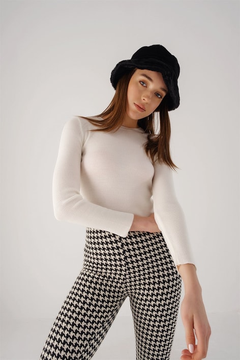 Bisiklet Yaka Crop Triko Bluz Beyaz