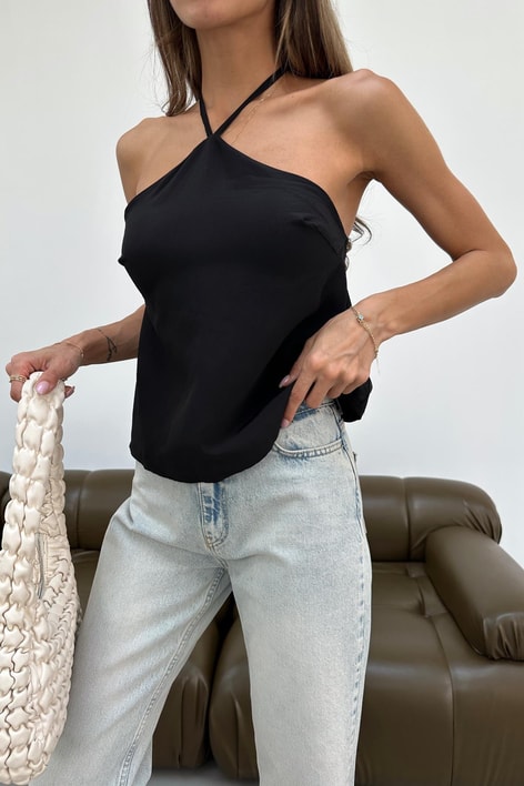 Boncuklu Boyundan Bağlamalı Bluz Siyah