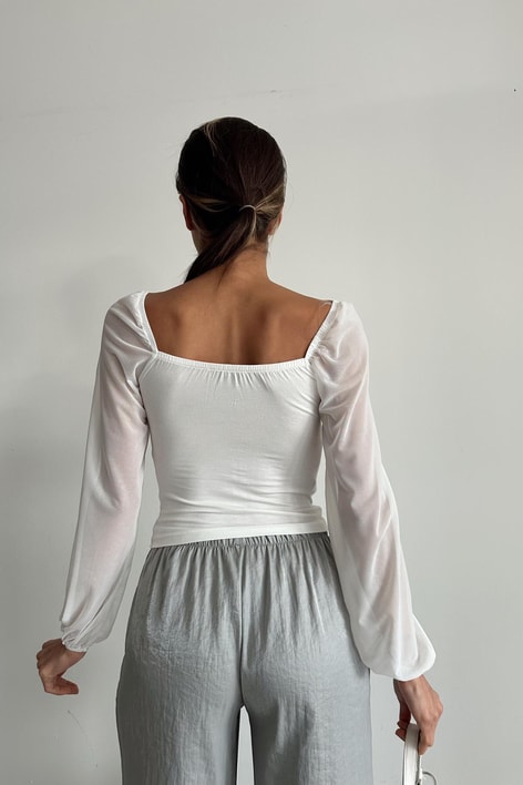 Büzgülü Tül Kol Bluz Ekru