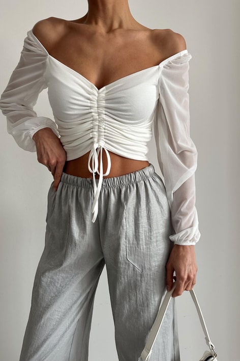 Büzgülü Tül Kol Bluz Ekru