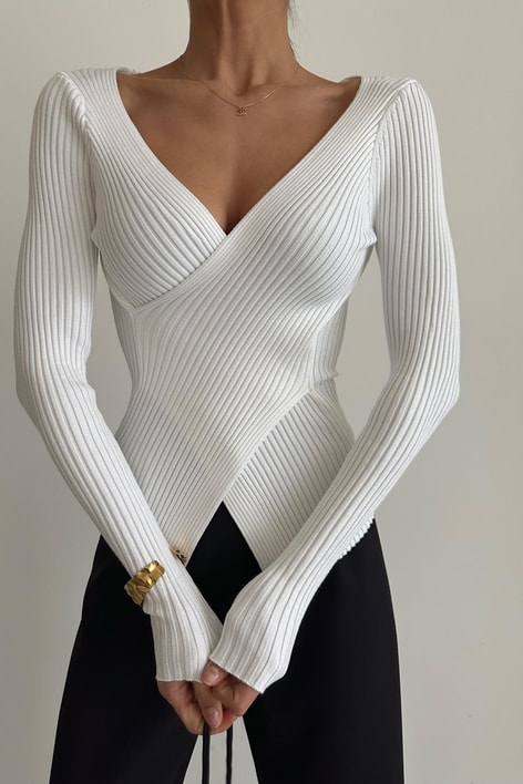 Çapraz Yaka Triko Bluz Beyaz