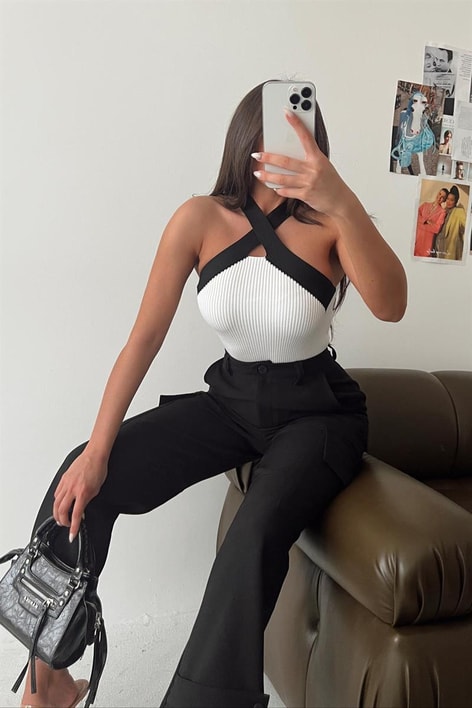 Çapraz Yaka Triko Bluz Beyaz