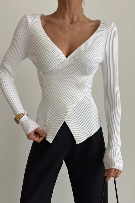 Çapraz Yaka Triko Bluz Beyaz