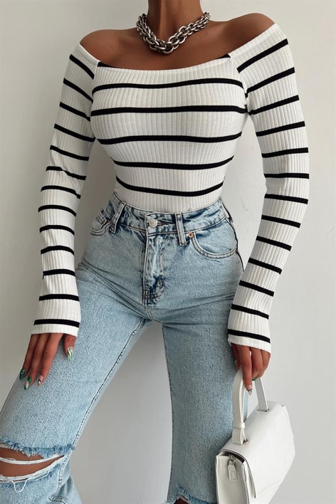Carmen Çizgili Bluz Beyaz