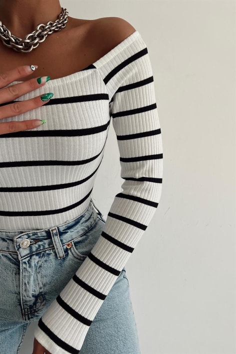 Carmen Çizgili Bluz Beyaz
