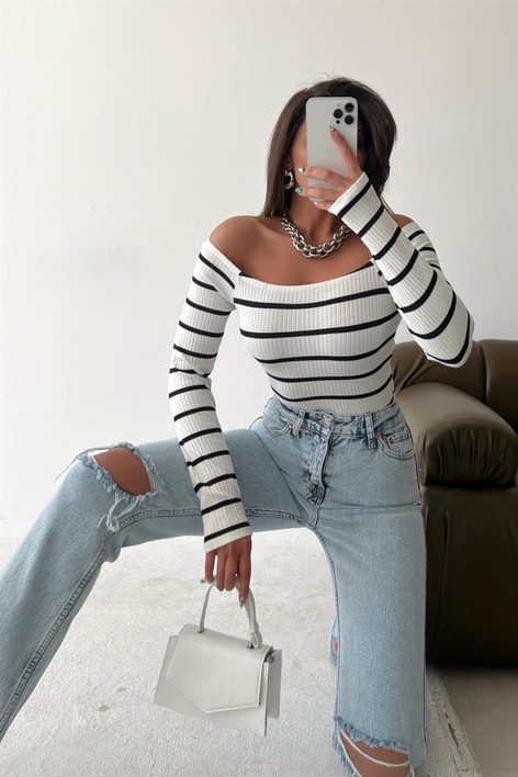 Carmen Çizgili Bluz Beyaz