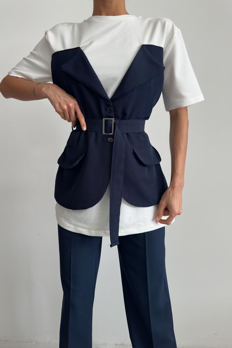 Ceket Yaka Bluz Lacivert