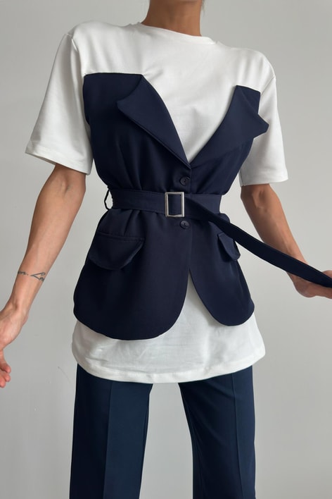 Ceket Yaka Bluz Lacivert