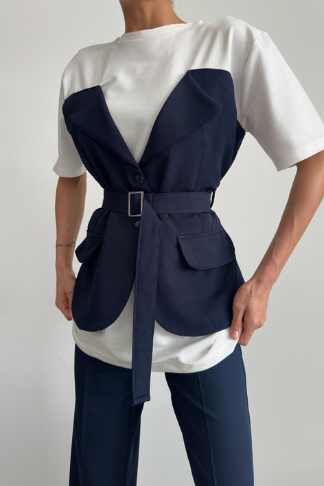 Ceket Yaka Bluz Lacivert