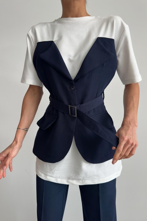 Ceket Yaka Bluz Lacivert