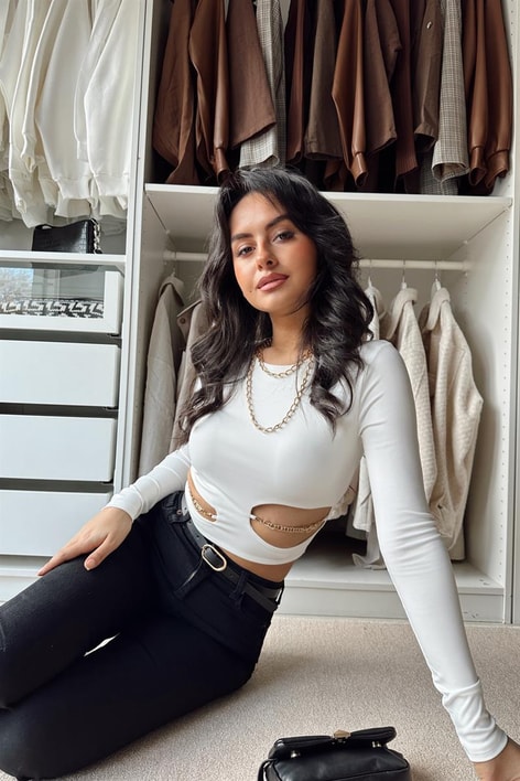 Chain Dekolteli Crop Bluz Ekru