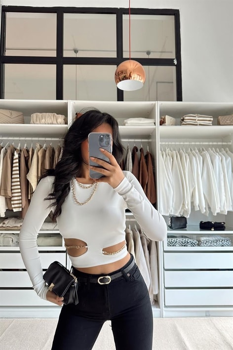 Chain Dekolteli Crop Bluz Ekru