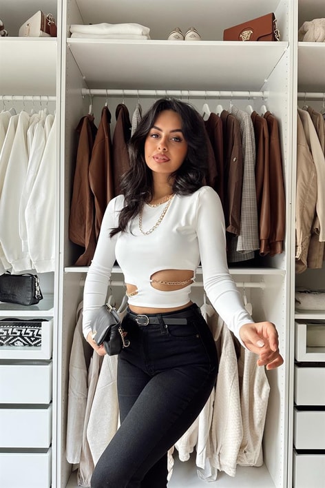 Chain Dekolteli Crop Bluz Ekru