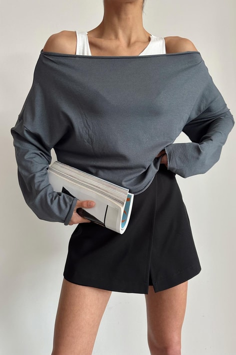 Çift Kat Basic Uzun Kol Bluz Antrasit