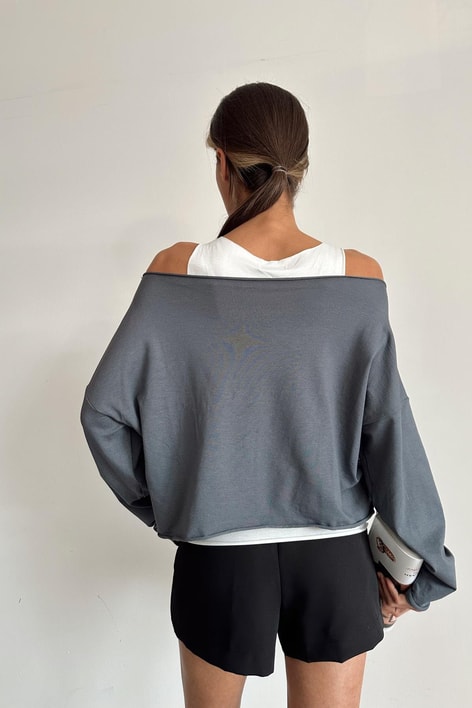 Çift Kat Basic Uzun Kol Bluz Antrasit