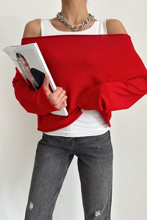 Çift Kat Basic Uzun Kol Bluz Kırmızı