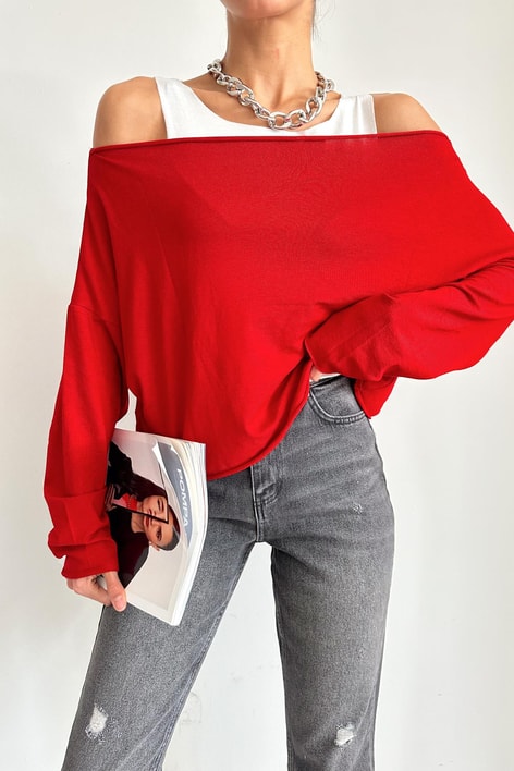 Çift Kat Basic Uzun Kol Bluz Kırmızı