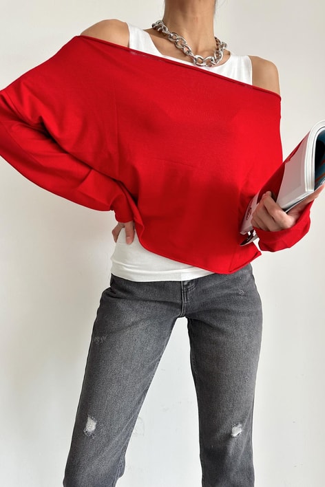 Çift Kat Basic Uzun Kol Bluz Kırmızı