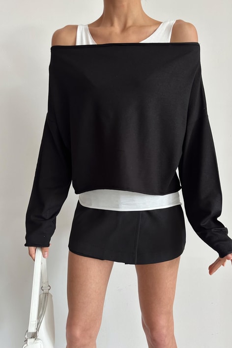 Çift Kat Basic Uzun Kol Bluz Siyah