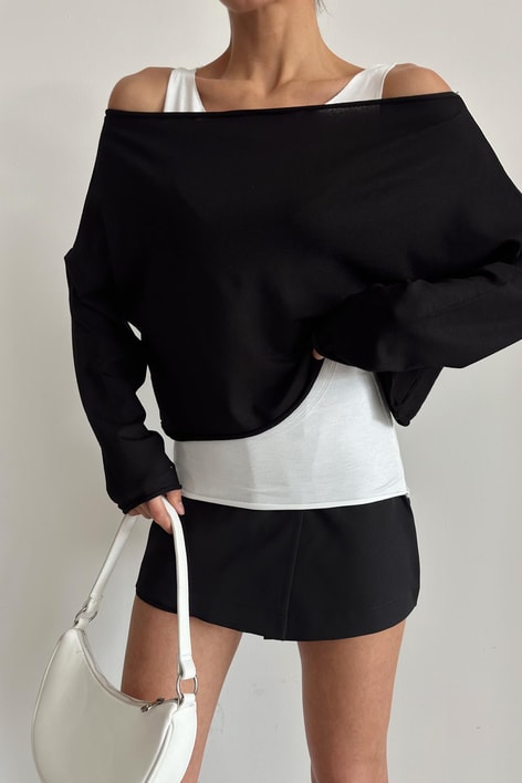 Çift Kat Basic Uzun Kol Bluz Siyah