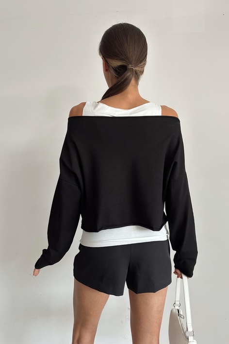 Çift Kat Basic Uzun Kol Bluz Siyah