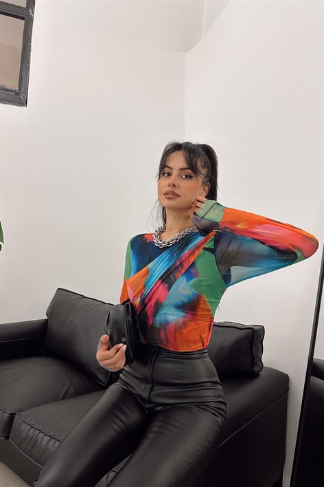 Colorful Drape Detay Bluz Çok Renkli