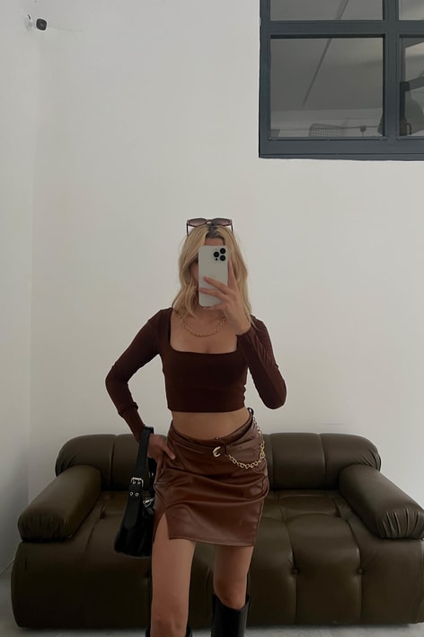 Crop Kare Yaka Bluz Acı Kahve