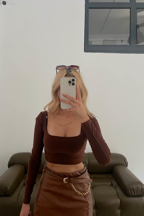 Crop Kare Yaka Bluz Acı Kahve