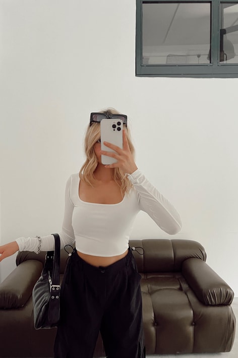 Crop Kare Yaka Bluz Beyaz