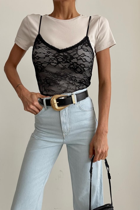 Dantel Tül Crop Siyah