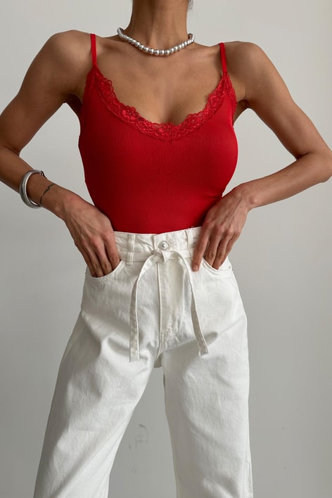 Dantel Yaka Askılı Crop Kırmızı