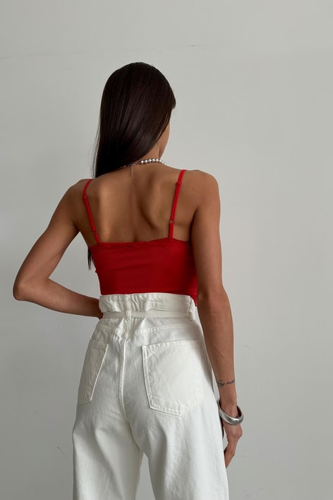 Dantel Yaka Askılı Crop Kırmızı