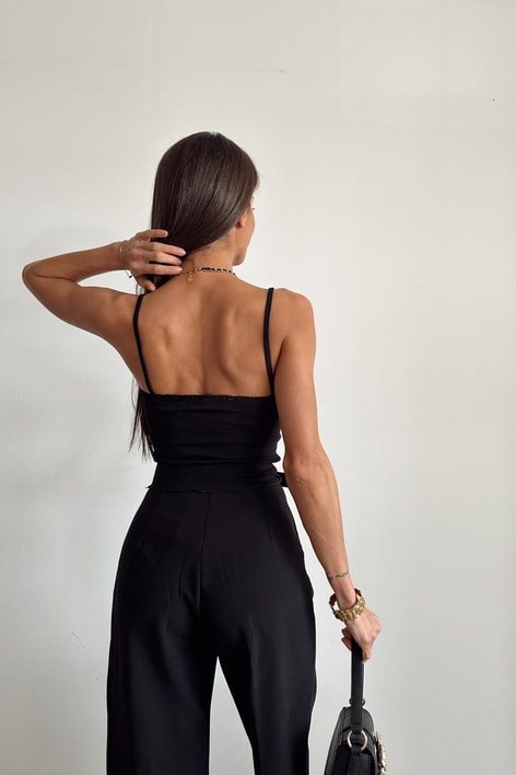 Dantel Yaka Askılı Crop Siyah