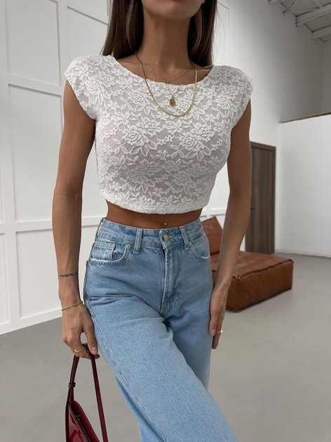 Dantelli Crop Bluz Beyaz