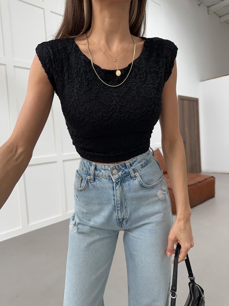 Dantelli Crop Bluz Siyah
