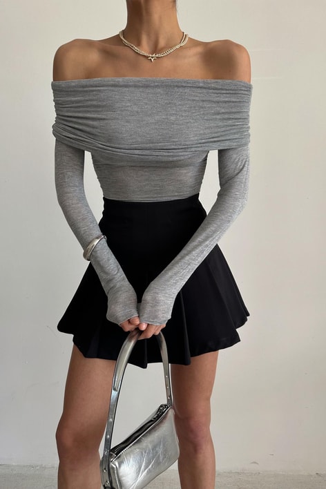 Degaje Yaka Büzgü Bluz Gri Melanj