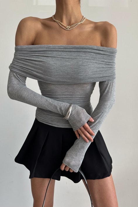 Degaje Yaka Büzgü Bluz Gri Melanj